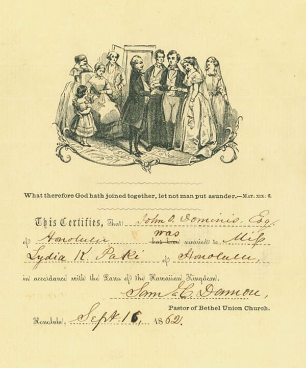 Marriage Certificate of John Owen Dominis and Lydia K. Paki