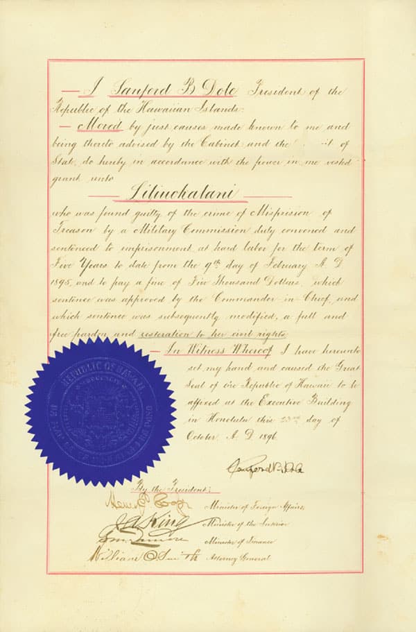 Pardon of Liliuokalani October 23 1896