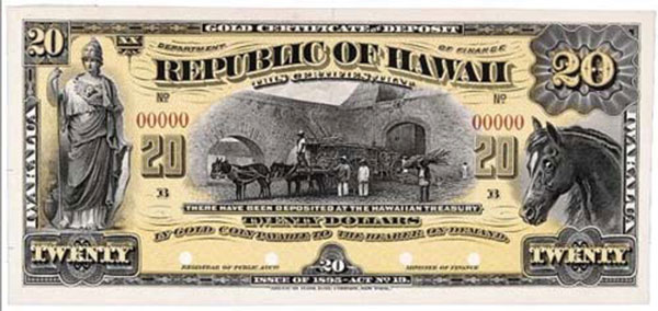Republic of Hawaii 2 Gold Dollar banknote 1895